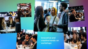 Collage of people engaging in group discussions and activities at a workshop event, with the text “Innovative and creative hands-on workshops” displayed.