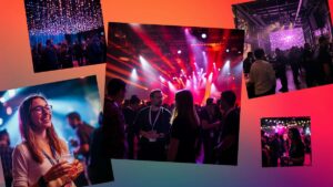 Collage showing people socializing and mingling at an indoor event with colorful lighting and stage setups.