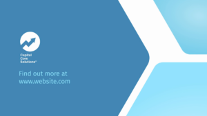 Blue and white geometric background with a rising arrow icon, "Capital Core Solutions" text, and a website URL: www.website.com.
