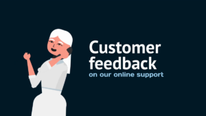 Illustration of a smiling customer service representative with the text "Customer feedback on our online support" on a dark background.