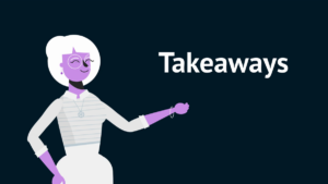 Illustration of a person with white hair and glasses gesturing toward the word "Takeaways" on a dark background.