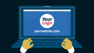 Illustration of hands typing on a laptop displaying a blue screen with the text "Your Logo" and "yourwebsite.com" in the center.