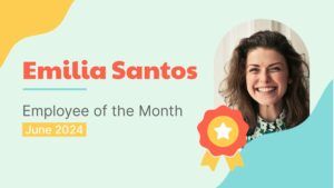 Graphic featuring "Emilia Santos, Employee of the Month June 2024" with a photo of a smiling woman and an illustrated award ribbon on a pastel background.