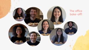 Eight people smiling and holding plates of baked goods during a virtual meeting, with the text "The office bake-off!" on the right side.