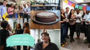 Office staff celebrate Linda’s 20th work anniversary with cake, decorations, and party hats; a sign reads “Linda’s 20th workiversary.”.
