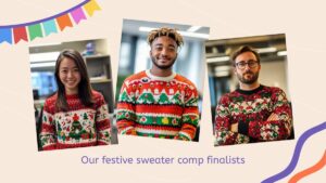 Three people wearing colorful festive sweaters stand in separate portraits with the caption "Our festive sweater comp finalists" below the images.