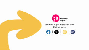 Yellow arrow pointing right toward Empower Digital logo, website address placeholder, and social media icons for Facebook, X, Instagram, and LinkedIn on a white background.