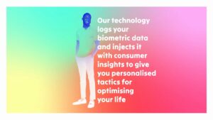 A man stands beside white text on a colorful gradient background describing technology that logs biometric data and provides personalized consumer insights for life optimization.