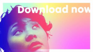 A person looks upward with a neutral expression against a colorful gradient background. Bold white text at the top reads "Download now.