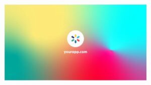 A circular multicolored logo appears above the text “yourapp.com” on a blurred gradient background of yellow, teal, blue, and red.
