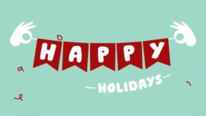 Red banner flags spell “HAPPY” with “HOLIDAYS” in white below on a teal background. Two hands hold the banner, and red confetti is scattered around.