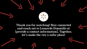 A message encourages viewers to contact Leonardo Donatello for city safety, with red arrows pointing to a central icon on a black background.