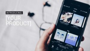 A hand holds a smartphone displaying a music streaming app, with text on the left reading "INTRODUCING: [YOUR PRODUCT]".