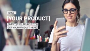 A woman wearing glasses looks at her phone while seated at a desk with paintbrushes, with text instructions for promoting a product overlaid on the image.