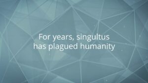Text reads, "For years, singultus has plagued humanity," over a blue geometric abstract background.