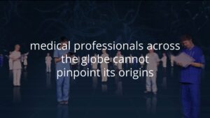 A group of medical professionals stands reading documents; text overlaid reads, “medical professionals across the globe cannot pinpoint its origins.”.
