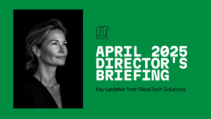 A woman in professional attire is shown next to text reading "April 2025 Director's Briefing—Key updates from NexaTech Solutions" on a green background.
