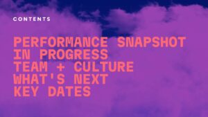 Purple and blue background with section headings in bold orange text: Performance Snapshot, In Progress, Team + Culture, What's Next, Key Dates.