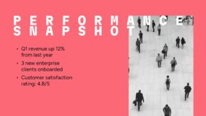 Slide with "Performance Snapshot" text, business metrics listed, and a black-and-white photo of people walking in an open indoor space.