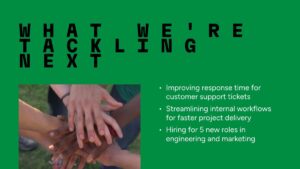 Several hands stacked in teamwork beside a list of company priorities: improving support response time, streamlining workflows, and hiring for engineering and marketing roles.