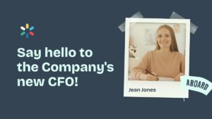 A promotional graphic introduces Jean Jones as the company's new CFO, featuring her smiling and sitting at a desk with a pen and notepad.