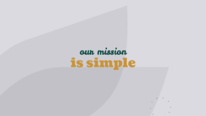 Text graphic with the phrase "our mission is simple" in green and gold lettering on a light grey abstract background.