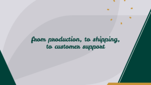 Text that reads "from production, to shipping, to customer support" on a minimalist background with abstract shapes and green and gold accents.