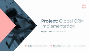 A presentation slide titled "Project: Global CRM Implementation," led by Michael Adams, with dates from July 1, 2024, to March 30, 2025, and a person working at a desk.