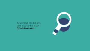 A large magnifying glass graphic next to the text: "As we head into Q3, let's take a look back at our Q2 achievements" on a teal background.