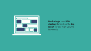 Illustration of a laptop with abstract rectangles, accompanied by text promoting a new SEO strategy that achieved top keyword results.