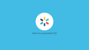 A white circle with a colorful abstract symbol is centered on a blue background, above the text "Here's to a successful Q3.