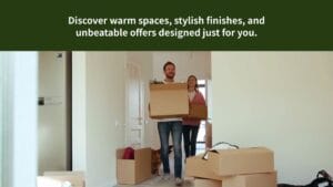 A couple carrying boxes enters a new home, with moving boxes and a dog visible in the hallway. Text above promotes stylish finishes and special offers.