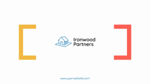 Logo for Ironwood Partners featuring a simple blue house graphic, flanked by yellow and red brackets, with a website link at the bottom center.