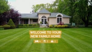 Single-story house with manicured lawn, shrubs, and trees; banner reads "Welcome to your new family home" with icons for 4 bedrooms, 3 bathrooms, and 2-car garage.