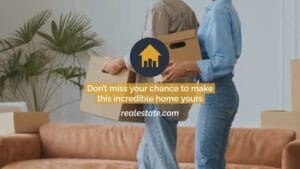 Two people hold cardboard boxes in a living room with moving boxes and a plant. Text overlay promotes a home buying opportunity for realestate.com.