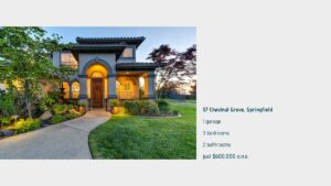 Two-story house with arched entry, lit windows, attached garage, and landscaped yard; property details and price listed on the right.