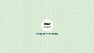 Light green background with a geometric pattern, centered circular logo placeholder labeled "Your Logo," and text below reading "WE'LL GET YOU HOME" in blue.