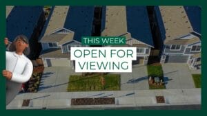 Aerial view of modern suburban homes with a graphic overlay reading "This Week Open for Viewing" and a cartoon character on the left side.