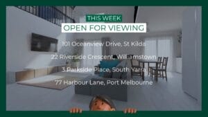List of open house property viewings for this week displayed over a modern living room background, with a cartoon figure peeking from the bottom.
