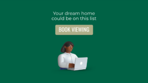 Illustration of a person using a laptop below the text "Your dream home could be on this list" and a button labeled "Book Viewing" on a green background.