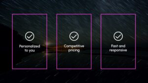 Three boxes with checkmark icons and text: "Personalized to you", "Competitive pricing", and "Fast and responsive", shown against a dark streaked sky background.