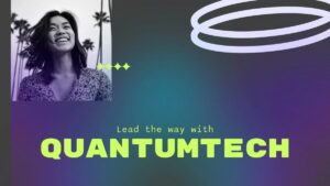 A woman smiling next to the text "Lead the way with QUANTUMTECH" on a colorful background with abstract shapes and palm trees.