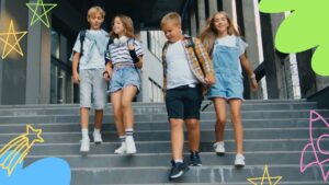 Four children walk down outdoor steps together, wearing casual summer clothes, with colorful doodles of stars and shapes added to the image.