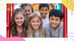 Five young children smiling and posing together outdoors, framed by colorful playground equipment.