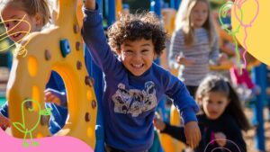 A smiling child in a blue shirt hangs from playground equipment while other children play in the background. Balloons and bird illustrations are overlaid on the image.