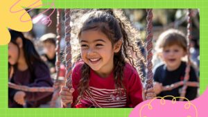Young girl smiling while swinging on a rope swing at a playground, with other children playing in the background.