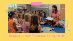 A teacher reads a book to a group of young children seated on the floor in a classroom. The text on the image says, "Reading is our favorite thing to do.
