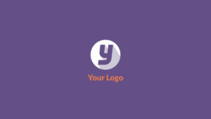 A purple background with a circular logo featuring a stylized lowercase "y" and the text "Your Logo" in orange below the circle.