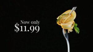 A fork holding a small serving of spaghetti with parsley next to text reading "Now only $11.99" on a black background.