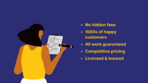 Illustration of a woman holding a clipboard next to a bulleted list highlighting no hidden fees, many happy customers, guaranteed work, competitive pricing, and licensed & insured.